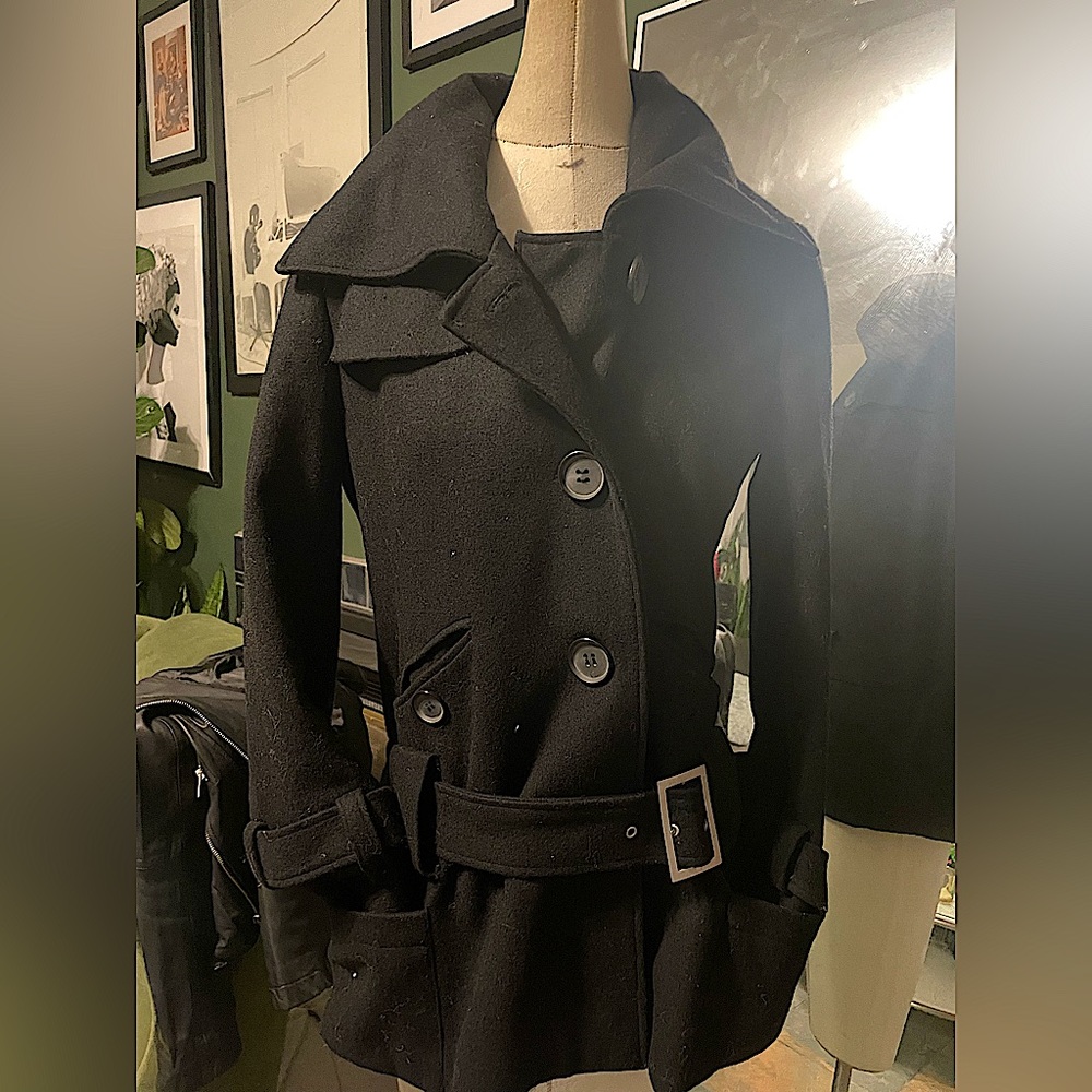 American Rag Cie - Wool Blend Pea Coat Size M Womens Button Belted Waist - Black